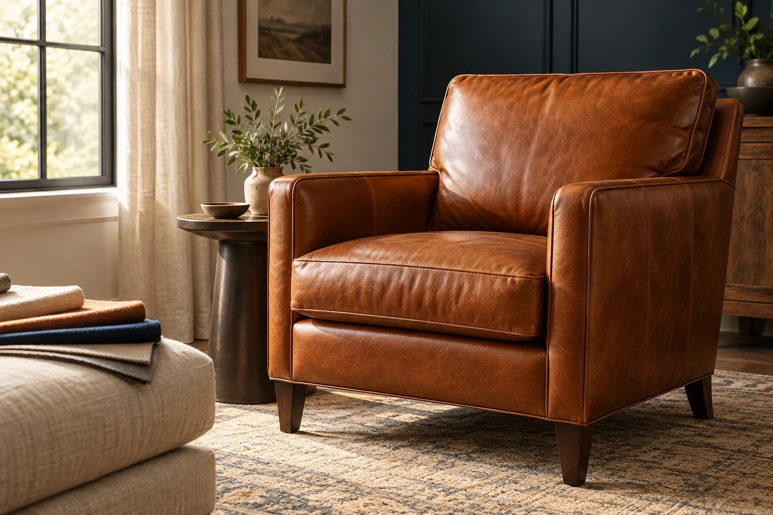 Cognac leather armchair in a warm living room