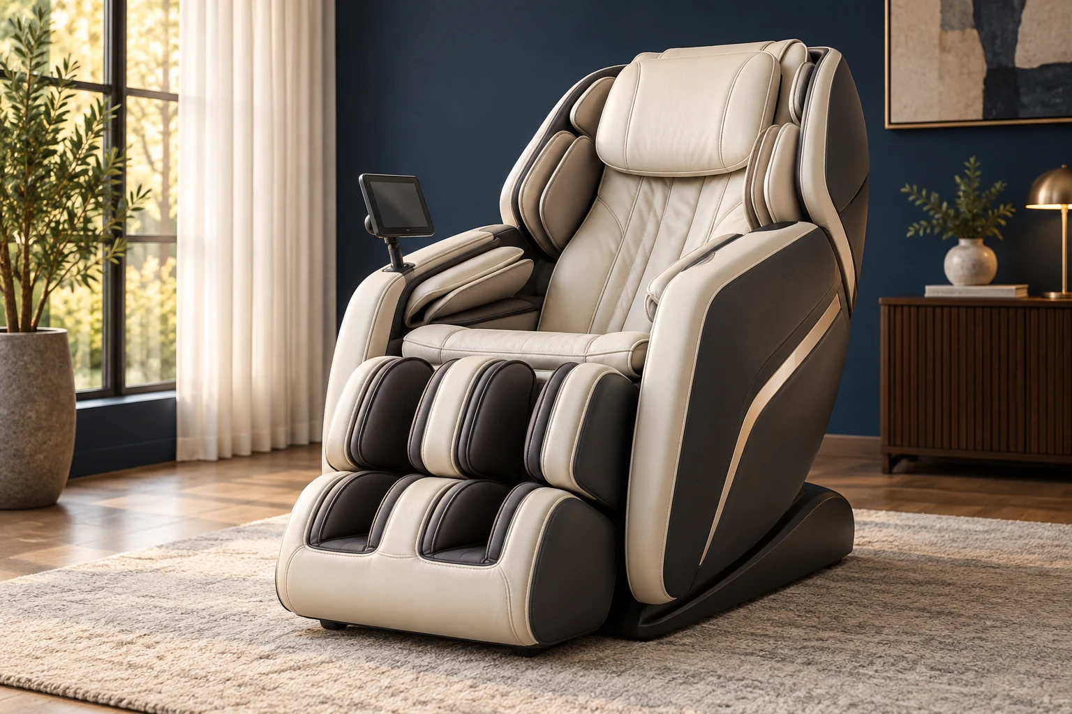 a dedicated full-body power massage chair with arm, calf and foot compartments and touchscreen